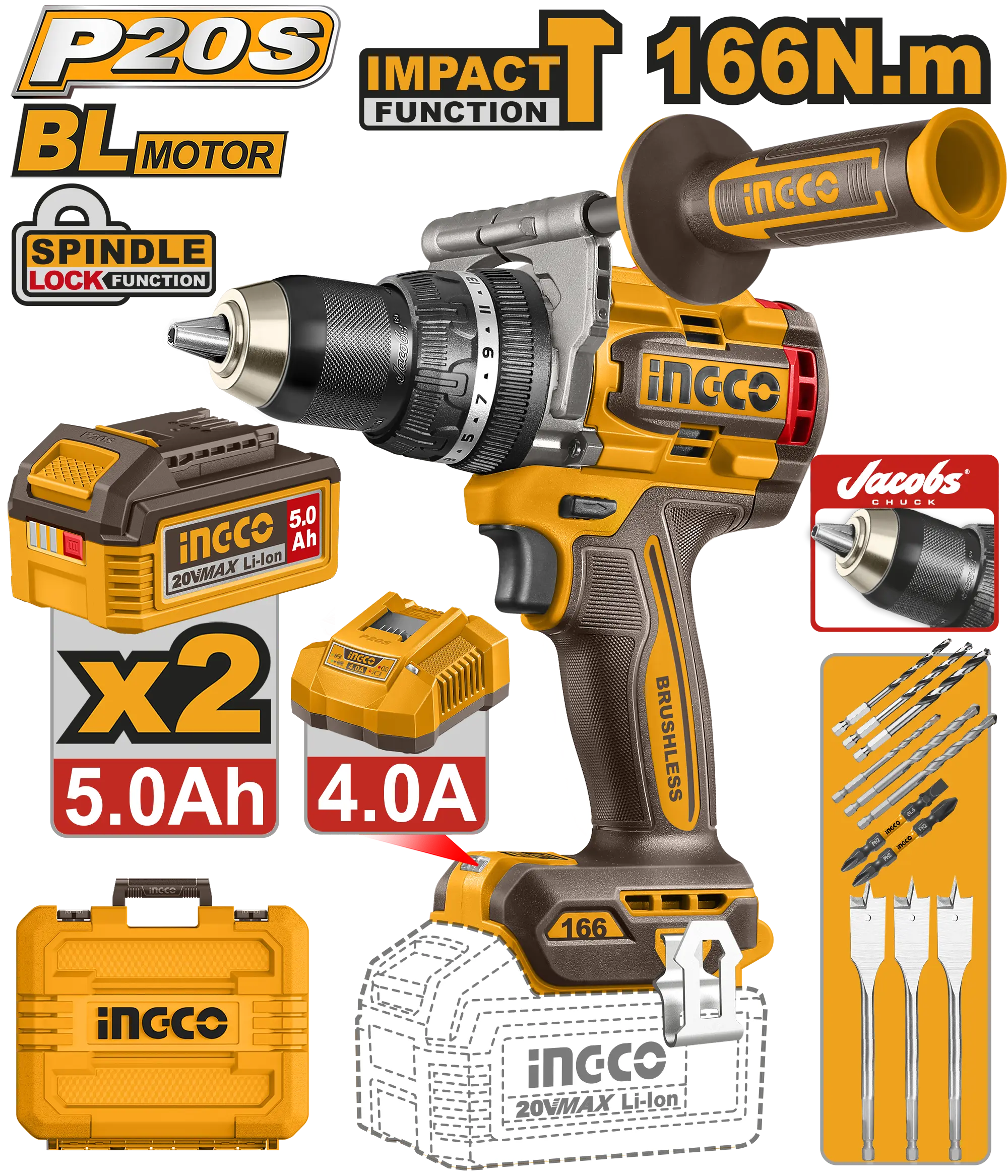 TALADRO DE IMPACTO 1/2" BL 20V 166N.M + 2 BAT 5.0AH + CARG + MALETA INGCO