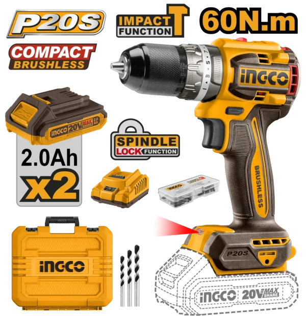 TALADRO DE IMPACTO 1/2"" BL 20V 60N.M + 2 BAT 2.0AH + CARG + MALETA