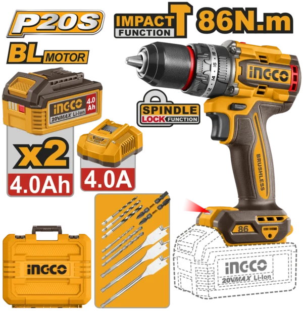 TALADRO DE IMPACTO 1/2" BL 20V 86N.M + 2 BAT 4.0AH + CARG + MALETA