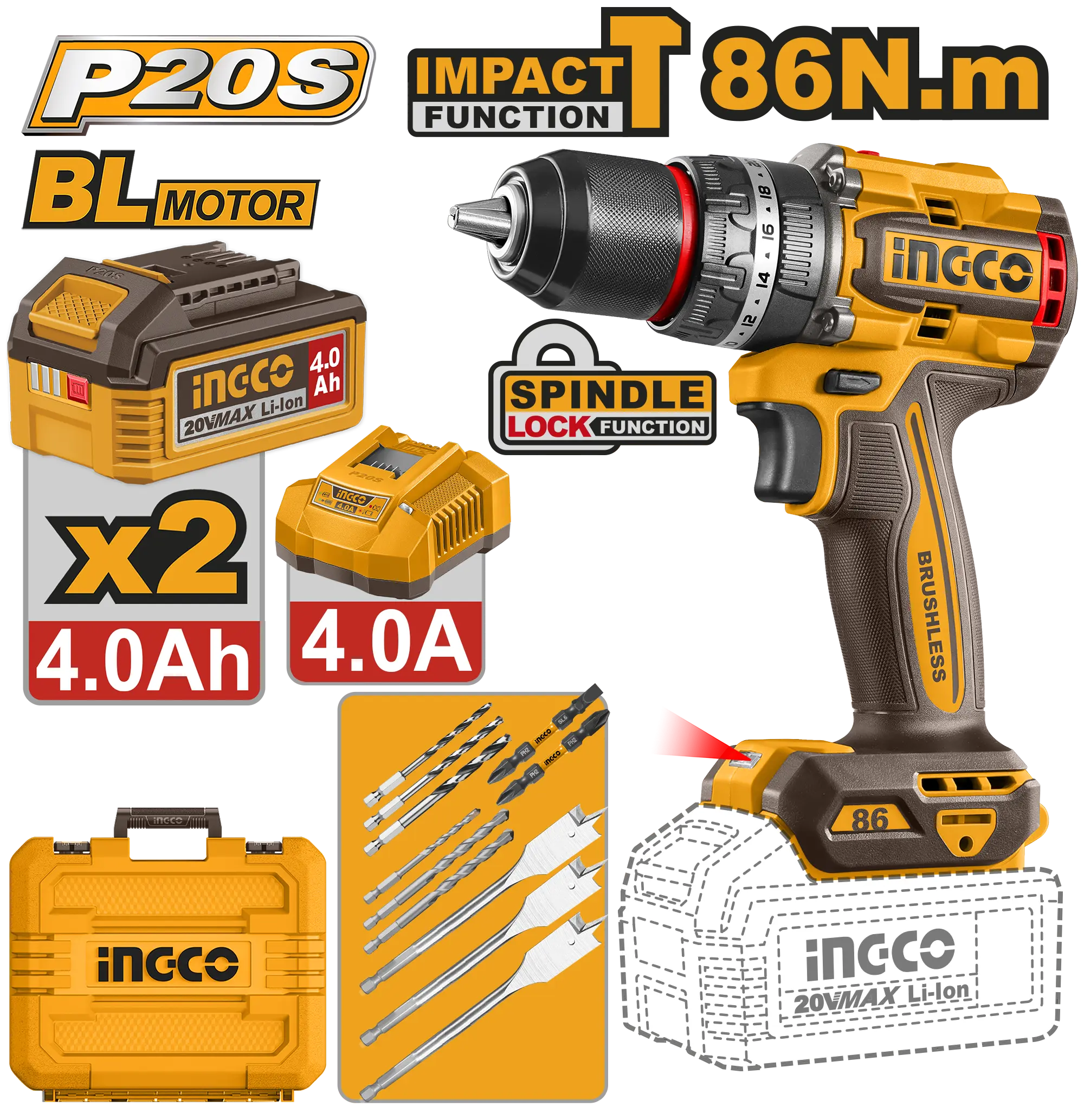 TALADRO DE IMPACTO 1/2″ BL 20V 86N.M + 2 BAT 4.0AH + CARG + MALETA
