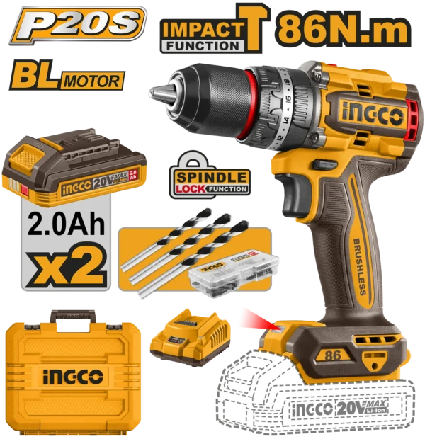 TALADRO DE IMPACTO 1/2" BL 20V 86N.M + 2 BAT 2.0AH + CARG + MALETA