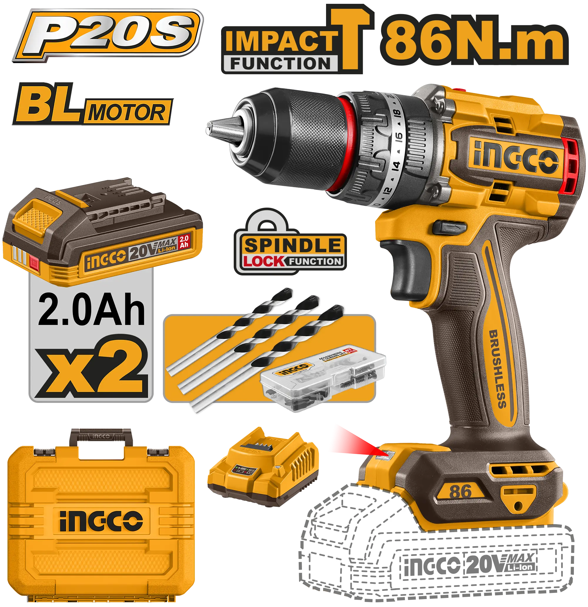 TALADRO DE IMPACTO 1/2" BL 20V 86N.M + 2 BAT 2.0AH + CARG + MALETA INGCO
