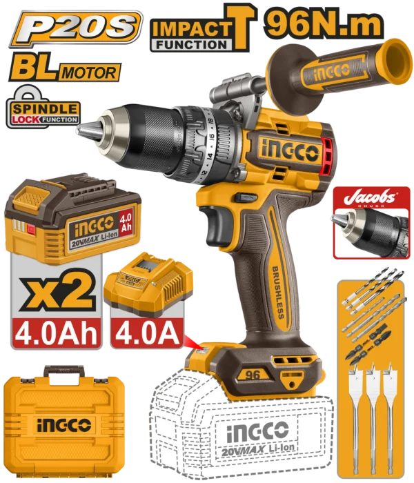 TALADRO DE IMPACTO 1/2" BL 20V 96N.M CON MANGO + 2 BAT 4.0AH + CARG + MALETA