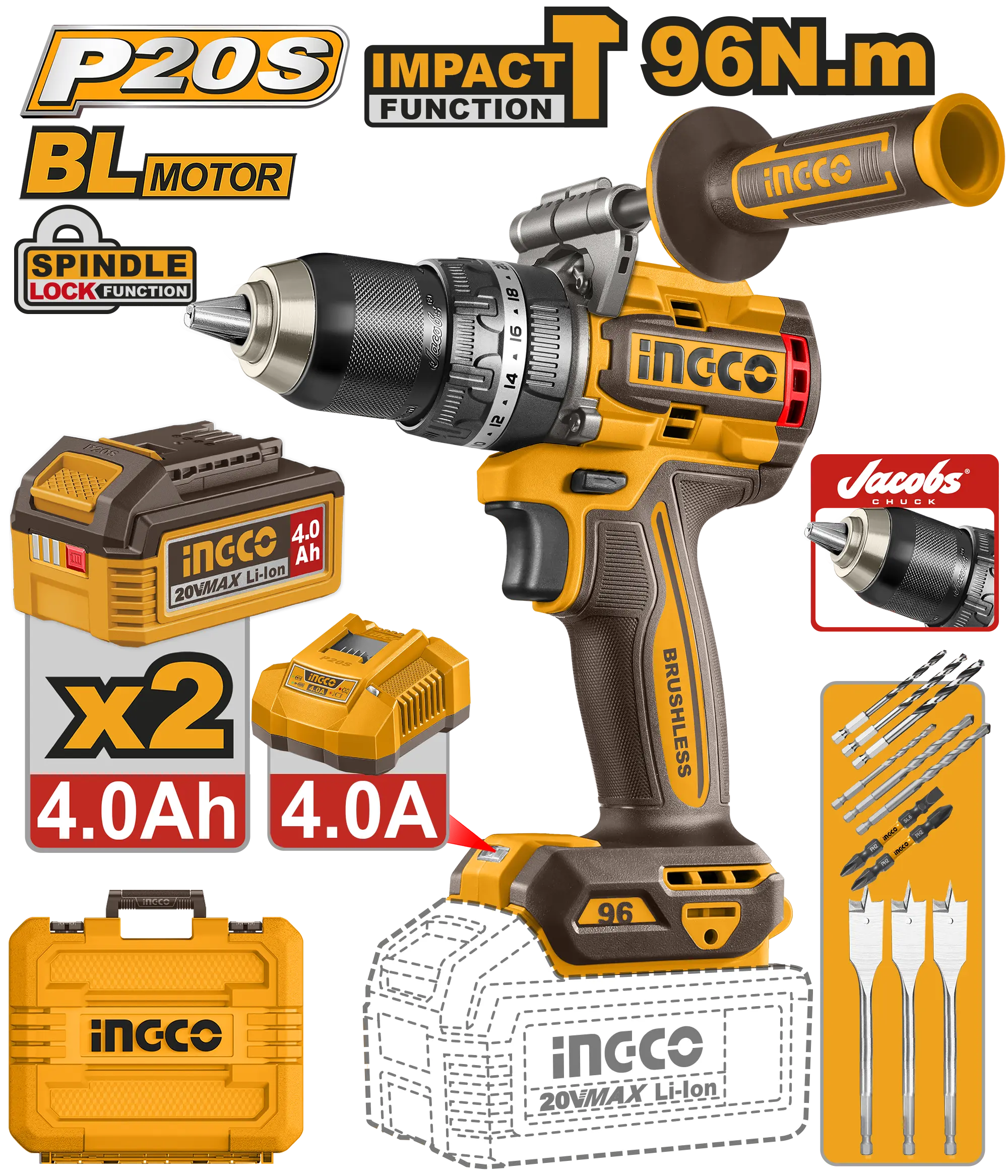 TALADRO DE IMPACTO 1/2" BL 20V 96N.M + 2 BAT 4.0AH + CARG + MALETA INGCO.