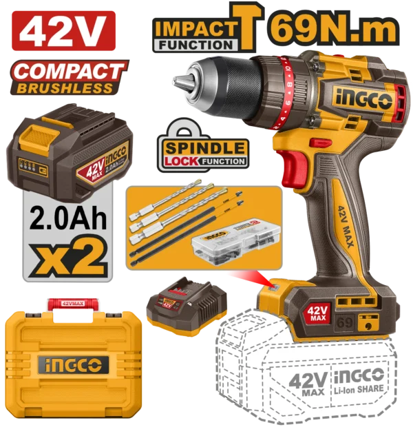 TALADRO DE IMPACTO 1/2" BL 42V 69N.M + 2 BAT 2.0AH + CARG + MALETA