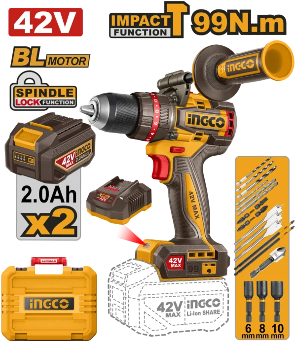 TALADRO DE IMPACTO 1/2" BL 42V 99N.M + 2 BAT 2.0AH + CARG + MALETA