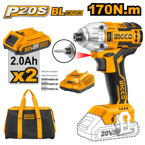 LLAVE DE IMPACTO INALÁMBRICA 1/4" BL 20V 170N.M + 2 BAT 2.0AH + CARG + BOLSA