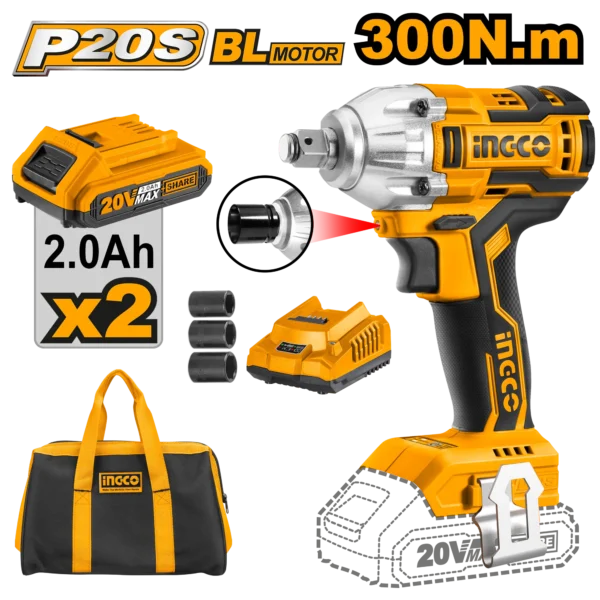 LLAVE DE IMPACTO INALAMBRICA 1/2"" BL 20V 300N.M + 2 BAT 2.0AH + CARG + BOLSA