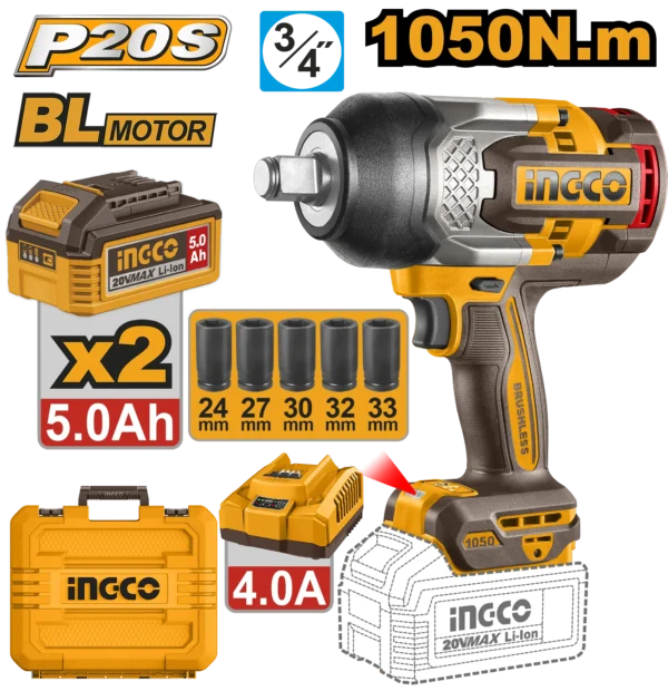 LLAVE DE IMPACTO INALAMBRICA 3/4" BL 20V 1050N.M + 2 BAT 5.0AH + CARG + MALETA
