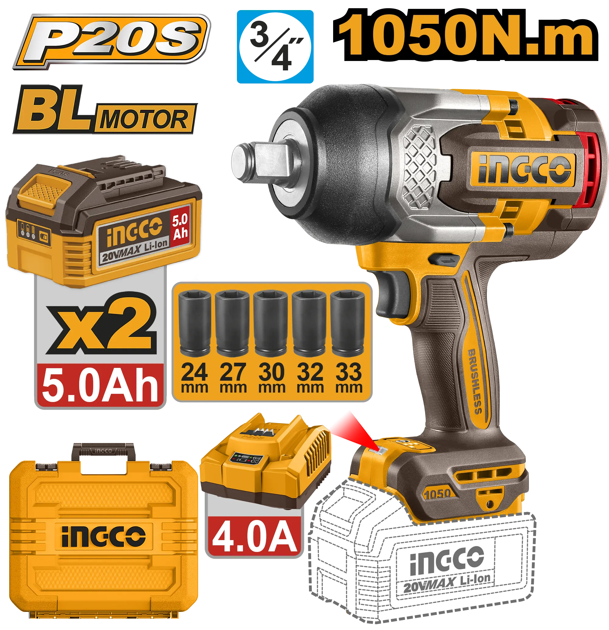 LLAVE DE IMPACTO INALAMBRICA 3/4" BL 20V 1050N.M + 2 BAT 5.0AH + CARG + MALETA INGCO