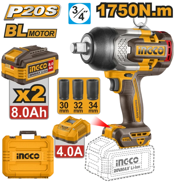 LLAVE DE IMPACTO INALAMBRICA 3/4" BL 20V 1750N.M + 2 BAT 8.0AH + CARG + MALETA