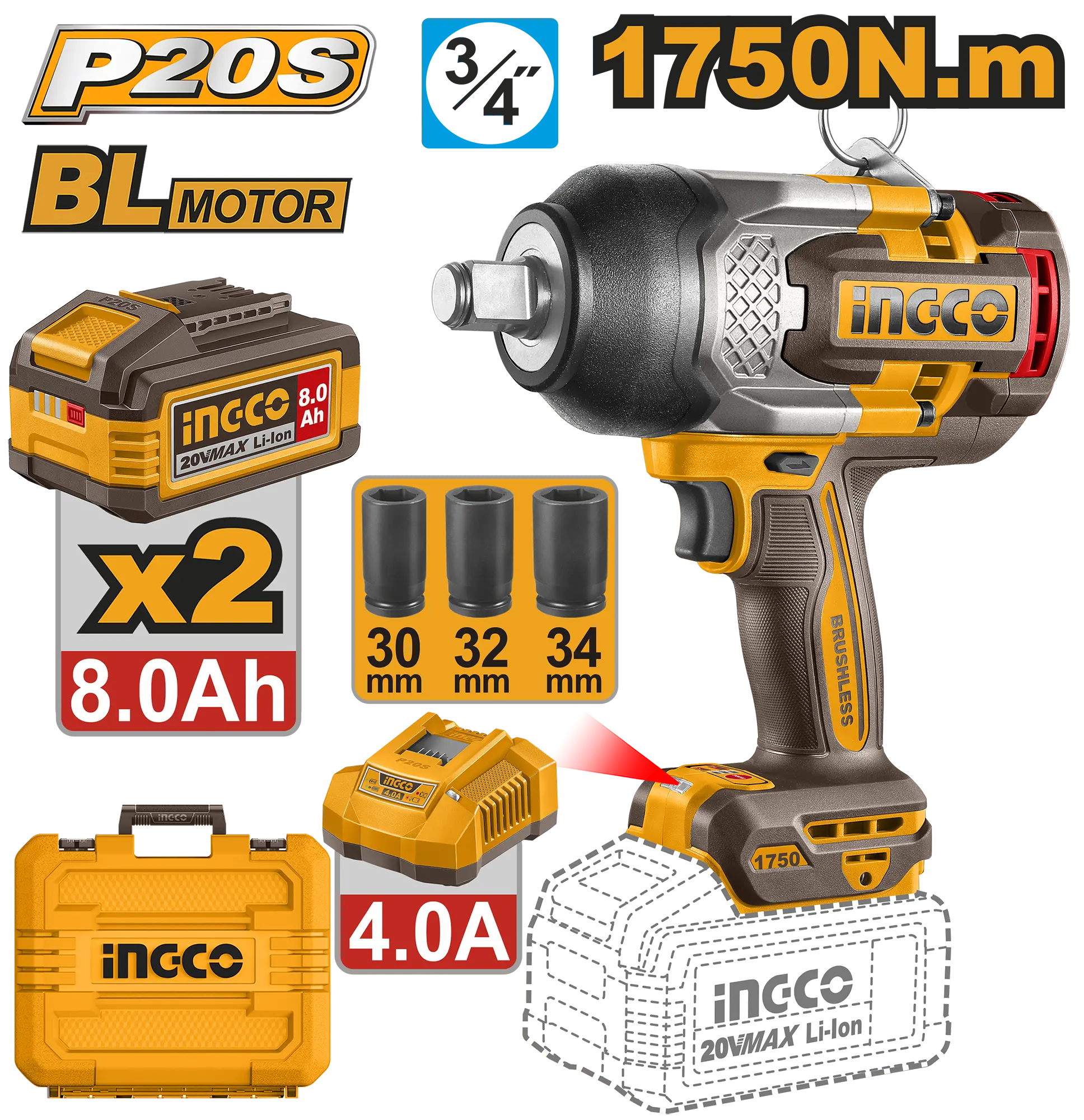 LLAVE DE IMPACTO INALAMBRICA 3/4" BL 20V 1750N.M + 2 BAT 8.0AH + CARG + MALETA INGCO