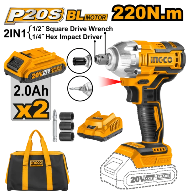 LLAVE DE IMPACTO INALÁMBRICA 1/2"" BL 20V 220N.M + 2 BAT 2.0AH + CARG