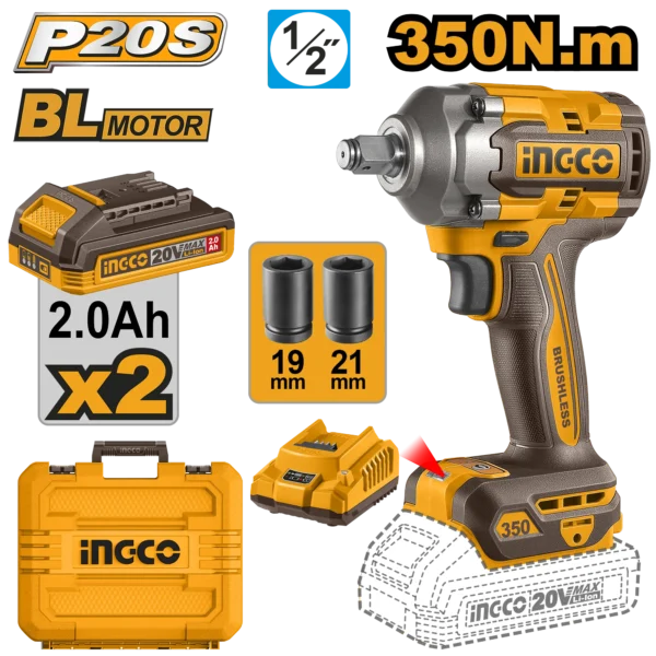 LLAVE DE IMPACTO INALAMBRICA 1/2" BL 20V 350N.M + 2 BAT 2.0AH + CARG + MALETA