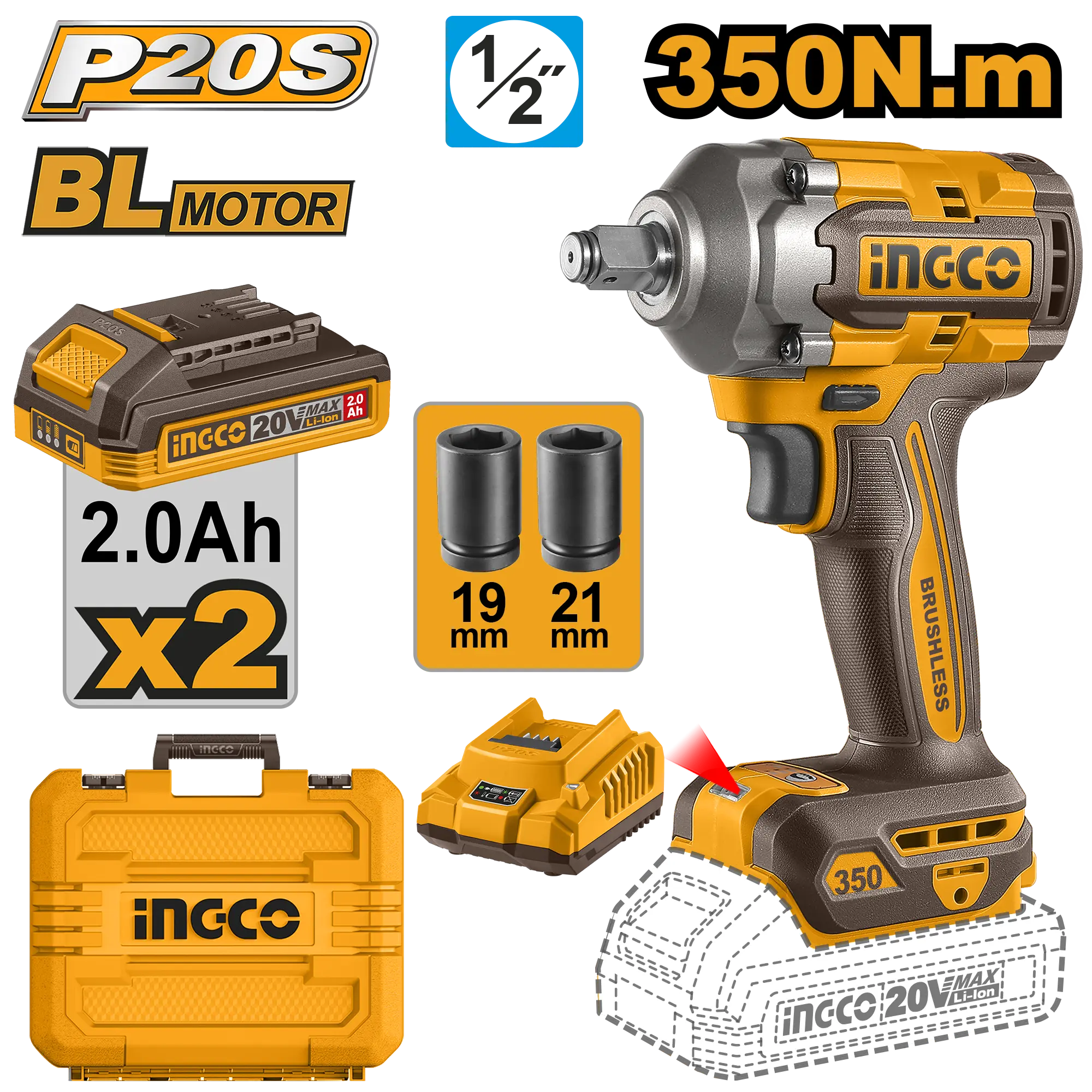 LLAVE DE IMPACTO INALAMBRICA 1/2" BL 20V 350N.M + 2 BAT 2.0AH + CARG + MALETA INGCO