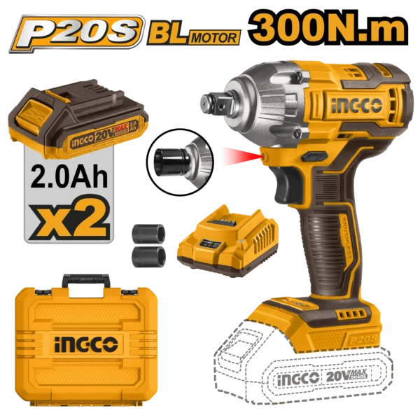 LLAVE DE IMPACTO INALAMBRICA 1/2"" BL 20V 300N.M + 2 BAT 2.0AH + CARG + MALETA