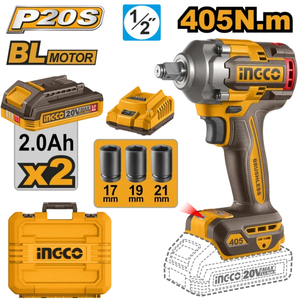 LLAVE DE IMPACTO INALAMBRICA 1/2" BL 20V 405N.M + 2 BAT 2.0AH + CARG + MALETA