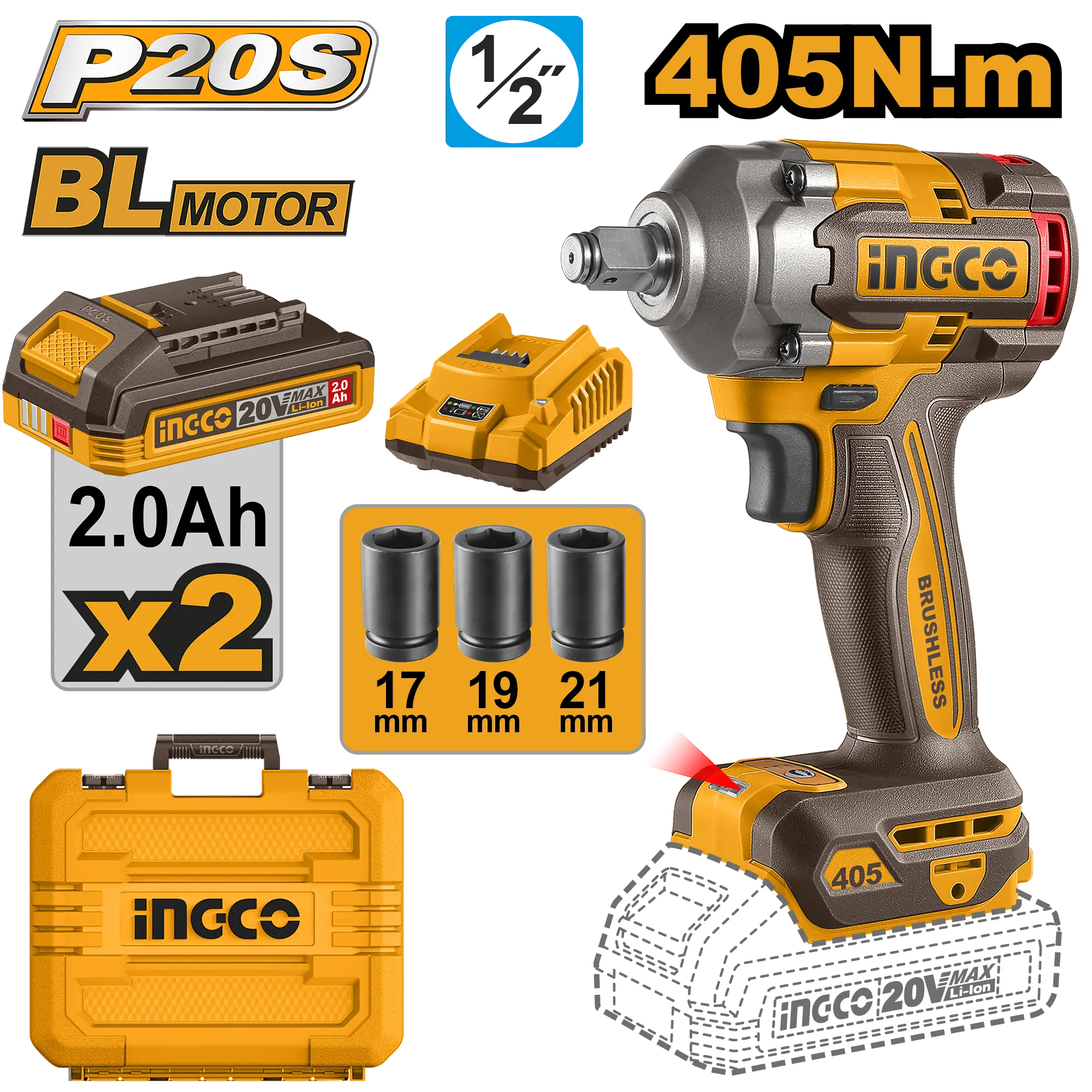 LLAVE DE IMPACTO INALAMBRICA 1/2" BL 20V 405N.M + 2 BAT 2.0AH + CARG + MALETA INGCO
