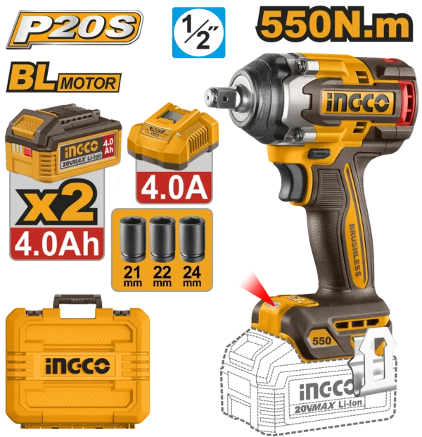 LLAVE DE IMPACTO INALAMBRICA 1/2" BL 20V 550N.M + 2 BAT 4.0AH + CARG + MALETA