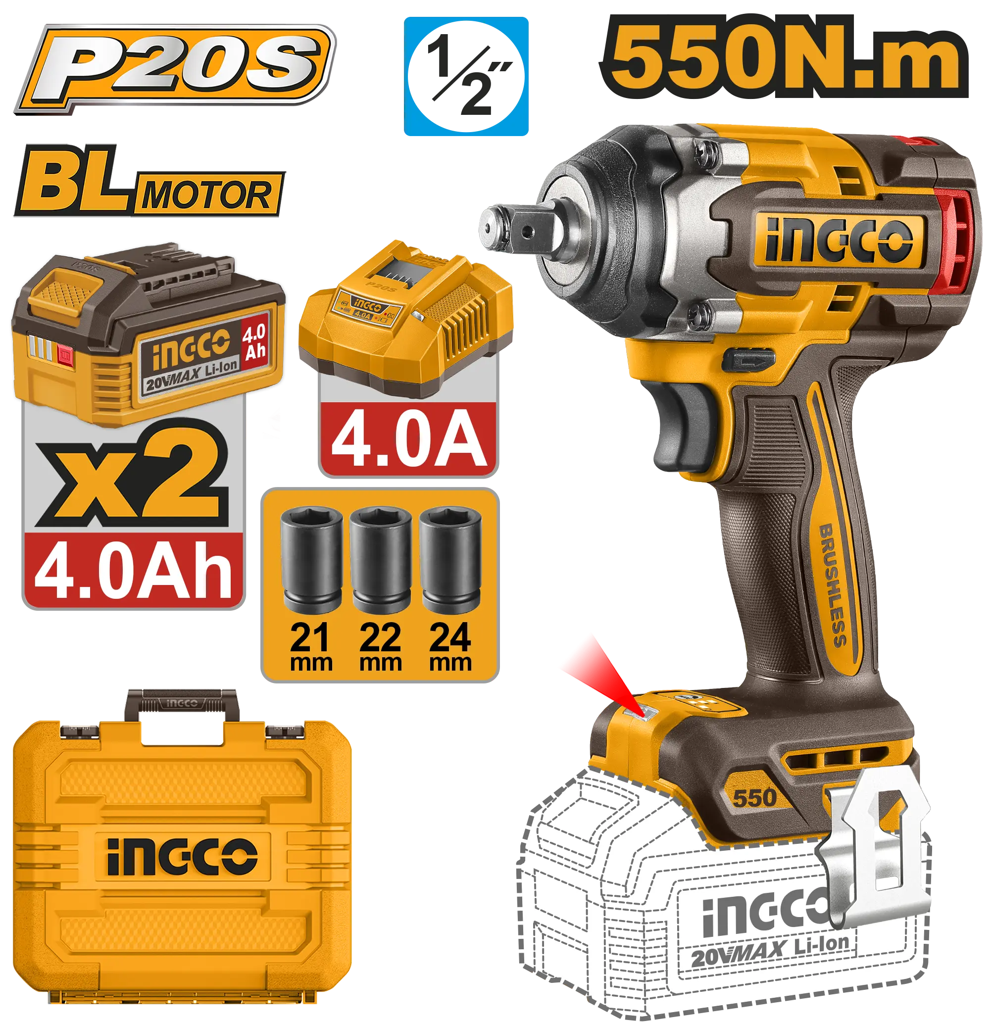 LLAVE DE IMPACTO INALAMBRICA 1/2" BL 20V 550N.M + 2 BAT 4.0AH + CARG + MALETA INGCO