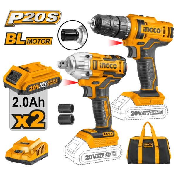 JUEGO COMBINADO DE 2 PIEZAS TALADRO INALAMBRICO 1/2"" BL 20V 45N.M + LLAVE DE IMPACTO 1/2 BL 20V 300N.M + 2 BAT 2.0AH + CARG + BOLSA