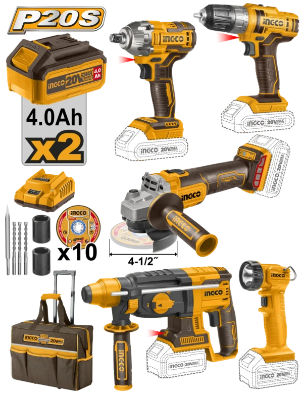 JUEGO COMBINADO DE 5 PIEZAS TALADRO INALAMBRICO 3/8 + LLAVE DE IMPACTO 1/2 + ROTOMARTILLO 2.0J + AMOLADORA ANGULAR 4 1/2 + LAMPARA + 2 BAT 4.0AH + CARG + MALETA