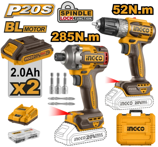 JUEGO COMBINADO DE 2 PIEZAS TALADRO INALAMBRICO 3/8"" 20V 52N.M ATORNILLADOR DE IMPACTO 1/4"" BL 20V 285N.M + 2 BAT 2.0AH + CARG + MALETA