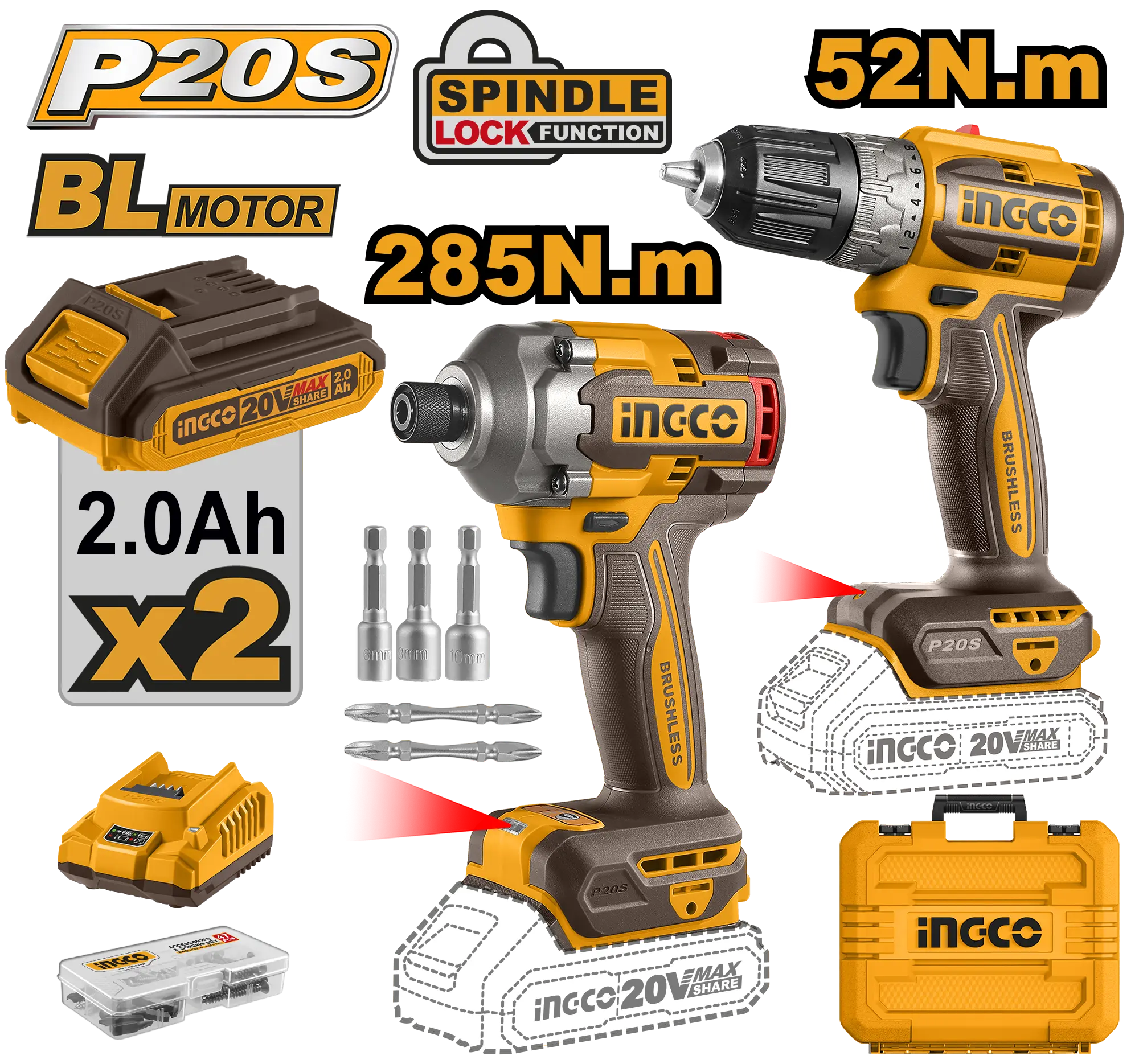 JUEGO COMBINADO
DE 2 PIEZAS
TALADRO
INALAMBRICO 3/8""
20V 52N.M
ATORNILLADOR DE
IMPACTO 1/4"" BL
20V 285N.M + 2 BAT
2.0AH + CARG +
MALETA INGCO
