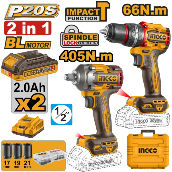 JUEGO COMBINADO DE 2 PIEZAS TALADRO DE IMPACTO 1/2" BL 20V 66N.M + LLAVE DE IMPACTO 1/2" BL 20V 405N.M + 2 BAT 2.0AH + CARG + MALETA