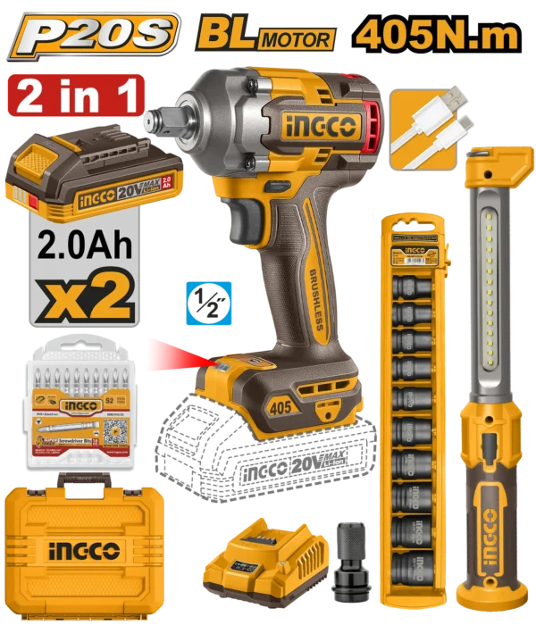 JUEGO COMBINADO DE 2 PIEZAS LLAVE DE IMPACTO INALAMBRICA 1/2'' BL 20V 405N.M + 2 BAT 2.0AH + CARG + LAMPARA