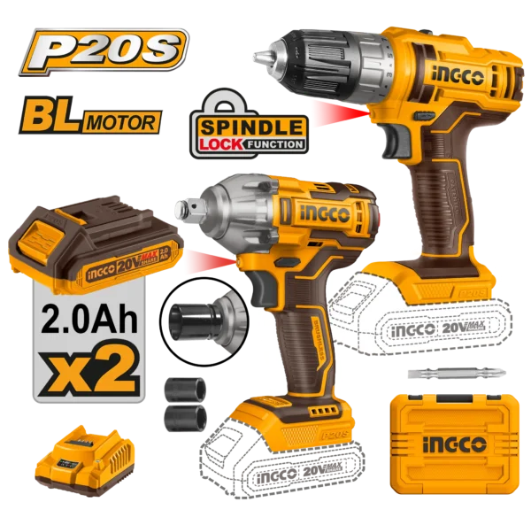 JUEGO COMBINADO DE 2 PIEZAS TALADRO INALAMBRICO 3/8"" BL 20V 45N.M + LLAVE DE IMPACTO 1/2"" BL 20V 300N.M + 2 BAT 2.0AH + CARG + MALETA