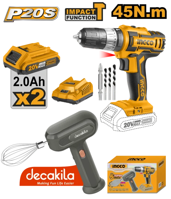 JUEGO COMBINADO DE 2 PIEZAS TALADRO DE IMPACTO 3/8" 20V 45N.M + 2 BAT 2.0AH + BATIDORA DE MANO INALAMBRICA
