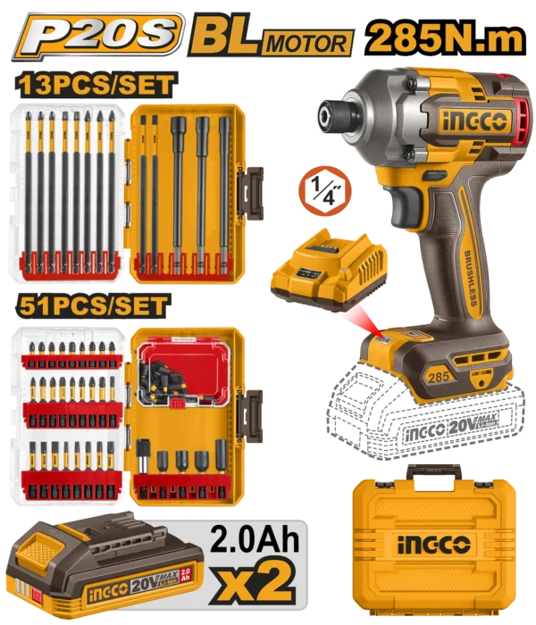 ATORNILLADOR DE IMPACTO 1/4" BL 20V 285N.M + 2 BAT 2.0AH + CARG + ACCESORIOS + MALETA