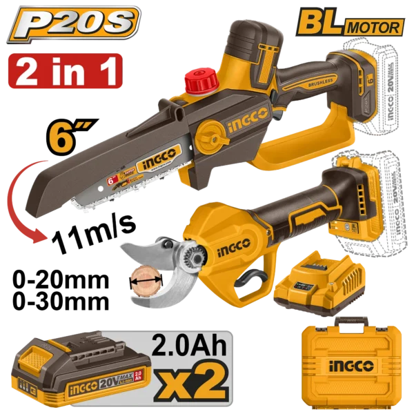 JUEGO COMBINADO DE 2 PIEZAS MOTOSIERRA DE IONES DE LITIO 6" BL 20V + TIJERA DE PODAR INALAMBRICA 30MM BL 20V + 2 BAT 2.0AH + CARG + MALETA