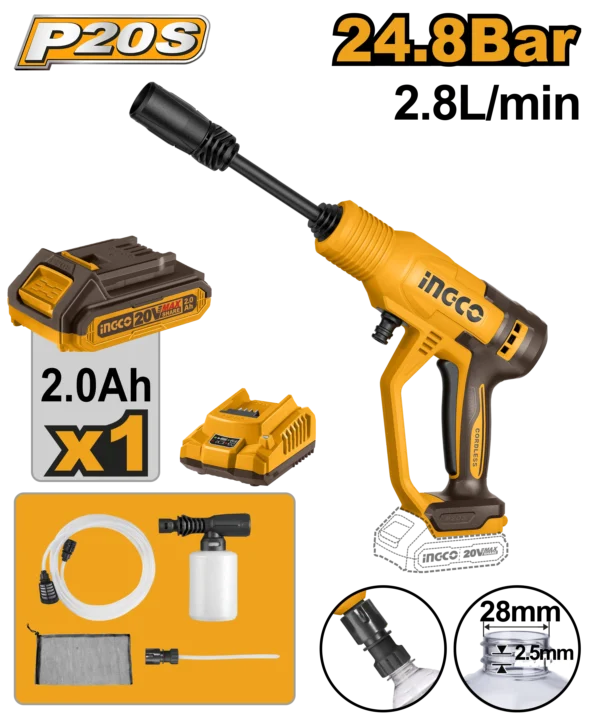 HIDROLAVADORA A PRESIÓN INALAMBRICA 2,8L/MIN 20V + 1 BAT 2.0AH + CARG