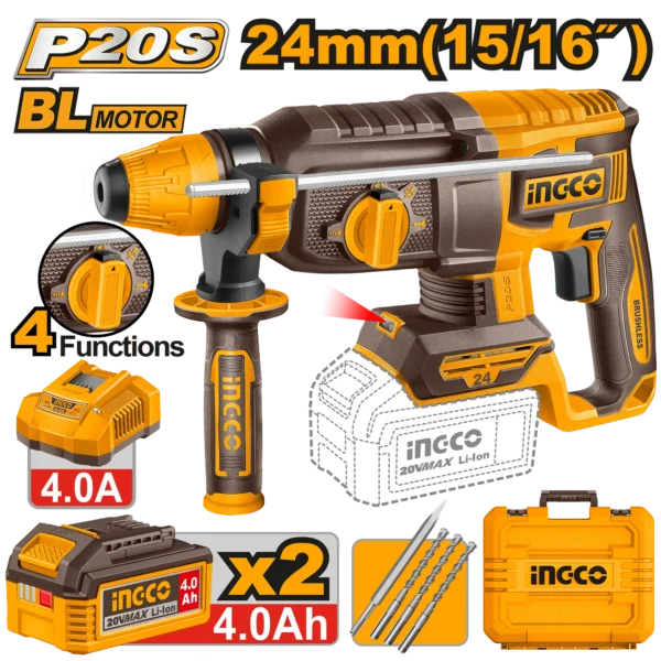 ROTOMARTILLO 15/16" BL 20V 2,4J + 2 BAT 4.0AH + CARG + MALETA