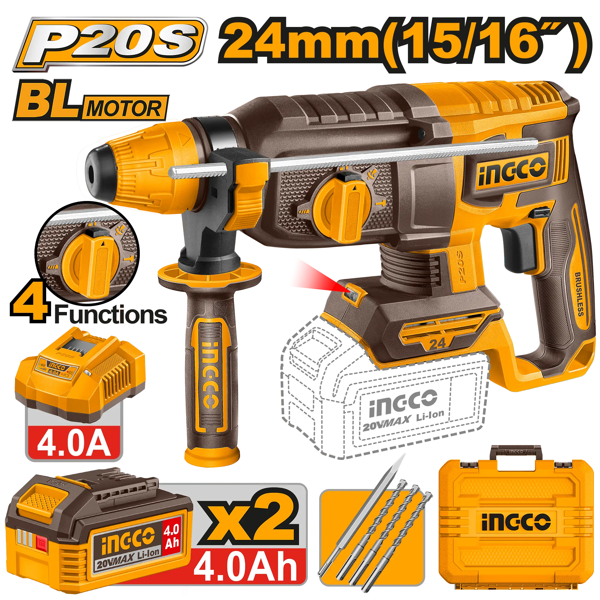 ROTOMARTILLO 15/16" BL 20V 2,4J + 2 BAT 4.0AH  + CARG + MALETA INGCO