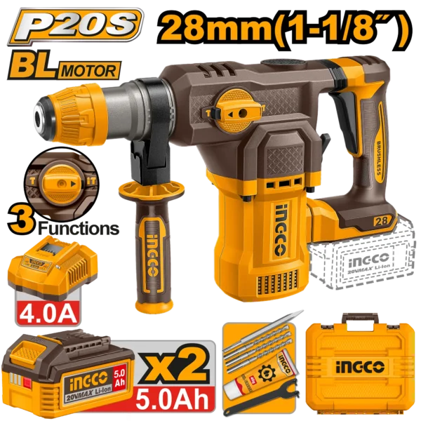 ROTOMARTILLO 1-1/8" BL 20V 4,5J + 2 BAT 5.0AH + CARG + MALETA