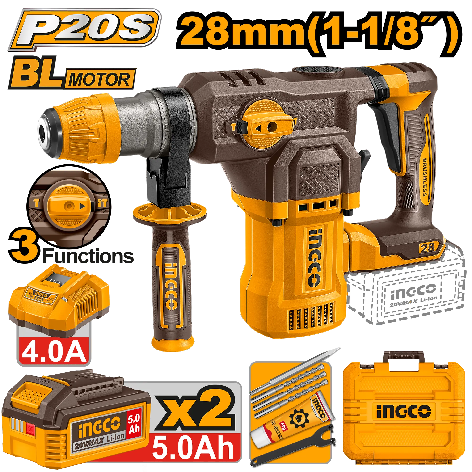 ROTOMARTILLO 1-1/8" BL 20V 4,5J + 2 BAT 5.0AH  + CARG + MALETA INGCO