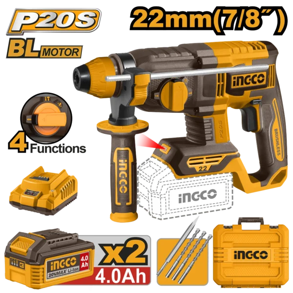 ROTOMARTILLO 7/8" BL 20V 2,0J + 2 BAT 4.0AH + CARG + MALETA