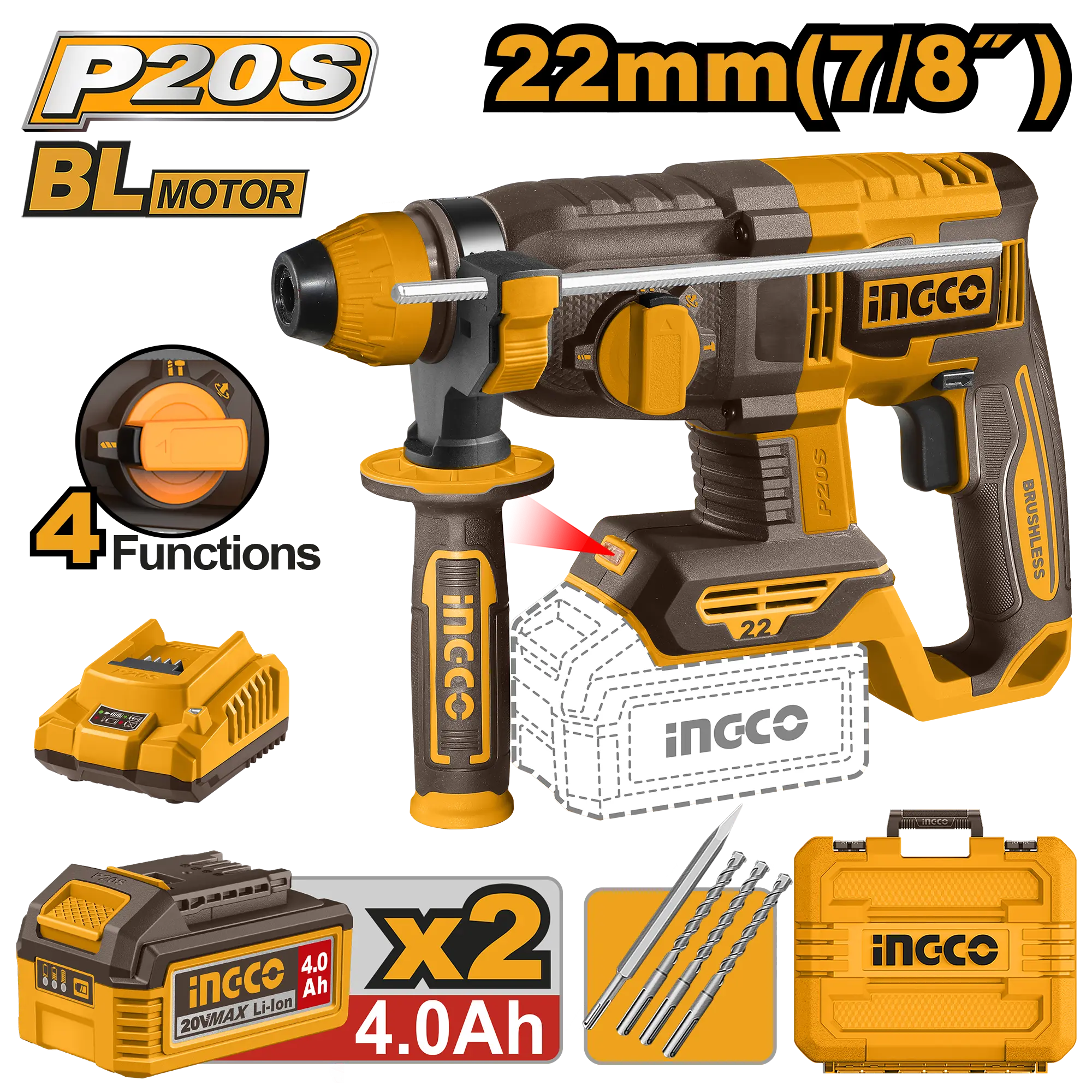 ROTOMARTILLO 7/8" BL 20V 2,0J + 2 BAT 4.0AH  + CARG + MALETA INGCO