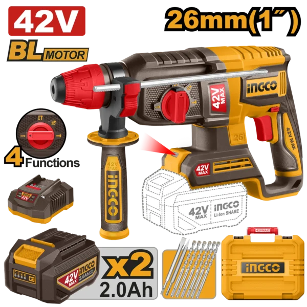 ROTOMARTILLO 1" BL 42V 2,5J + 2 BAT 2.0AH + CARG + MALETA