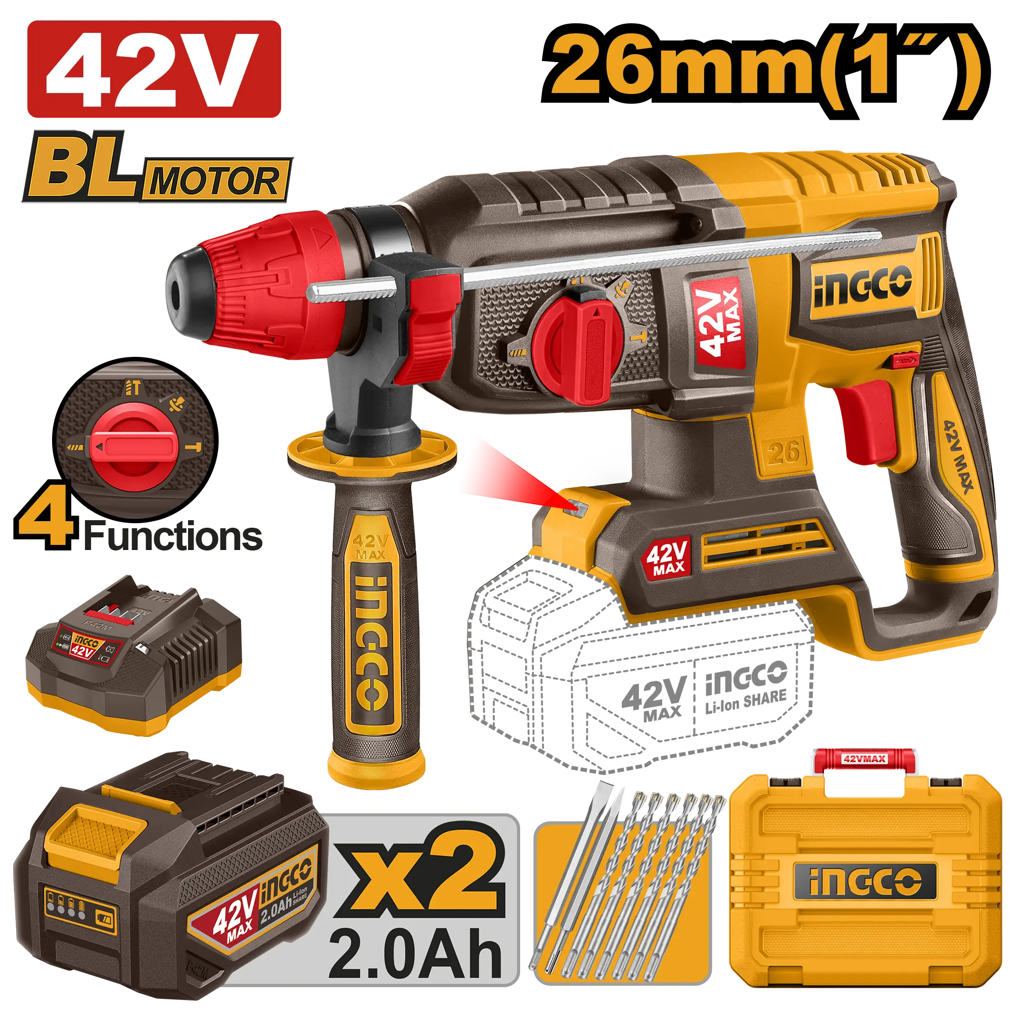 ROTOMARTILLO 1" BL 42V 2,5J + 2 BAT 2.0AH  + CARG + MALETA INGCO