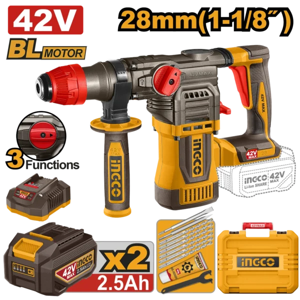 ROTOMARTILLO 1-1/8" BL 42V 4,5J + 2 BAT 2.5AH + CARG + MALETA