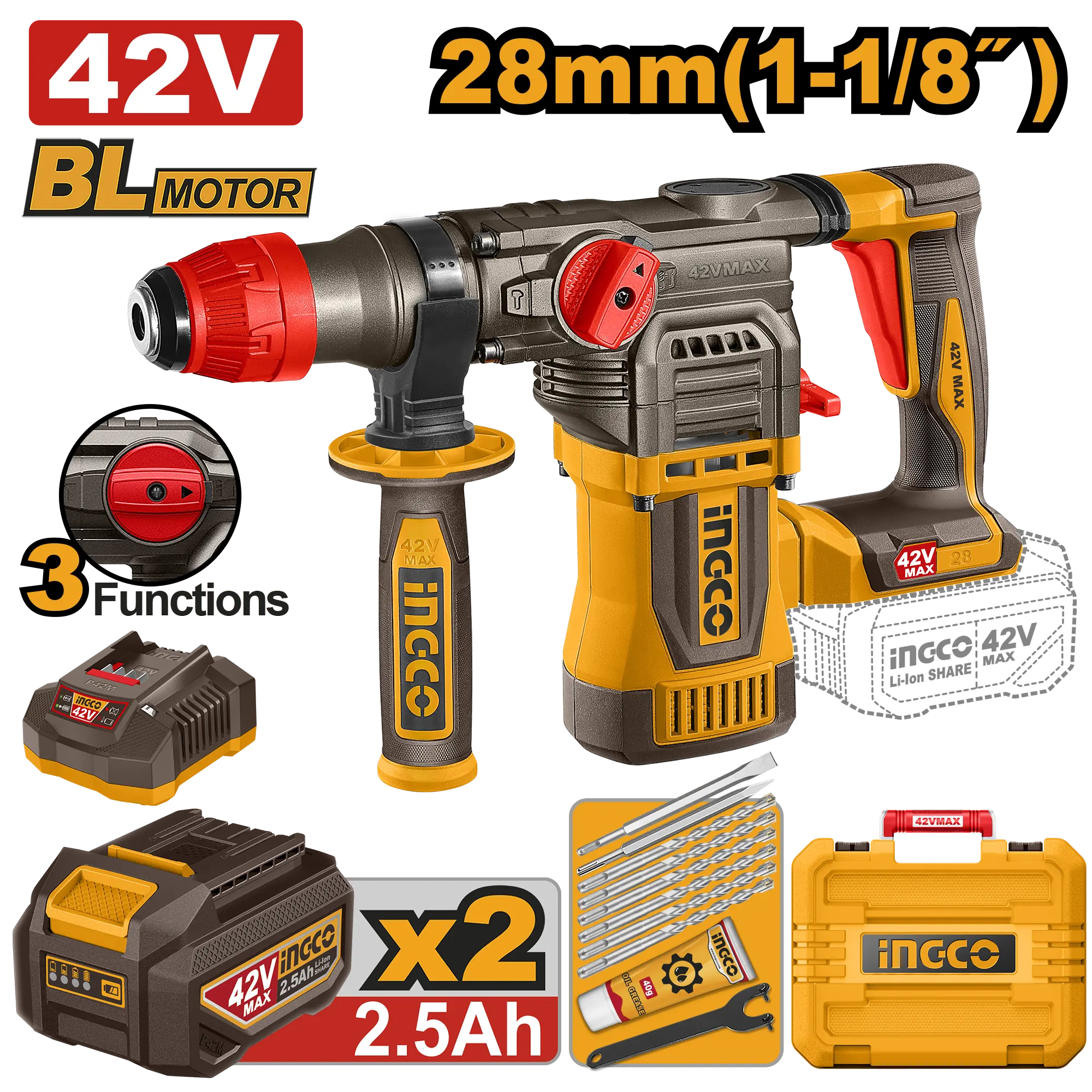ROTOMARTILLO 1-1/8" BL 42V 4,5J + 2 BAT 2.5AH  + CARG + MALETA INGCO