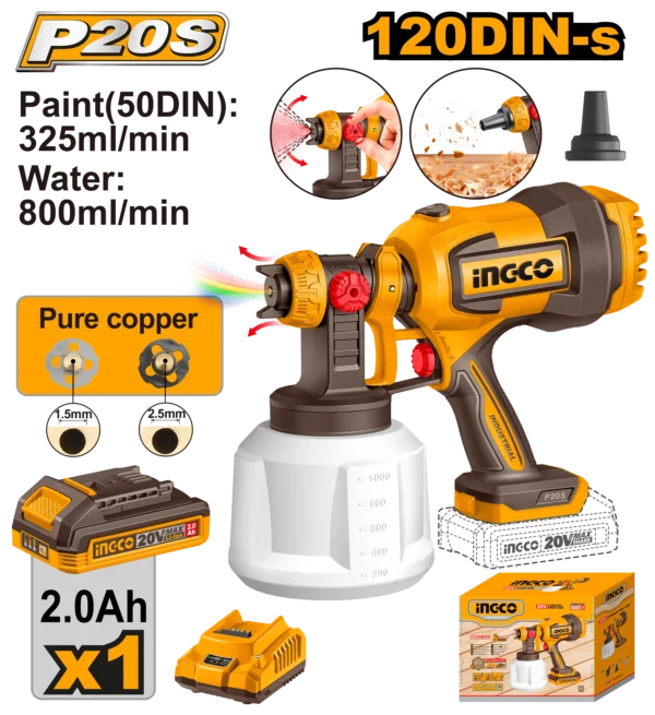 PISTOLA ROCIADORA INALAMBRICA 800ML/MIN 20V + 1 BAT 2.0AH + CARG
