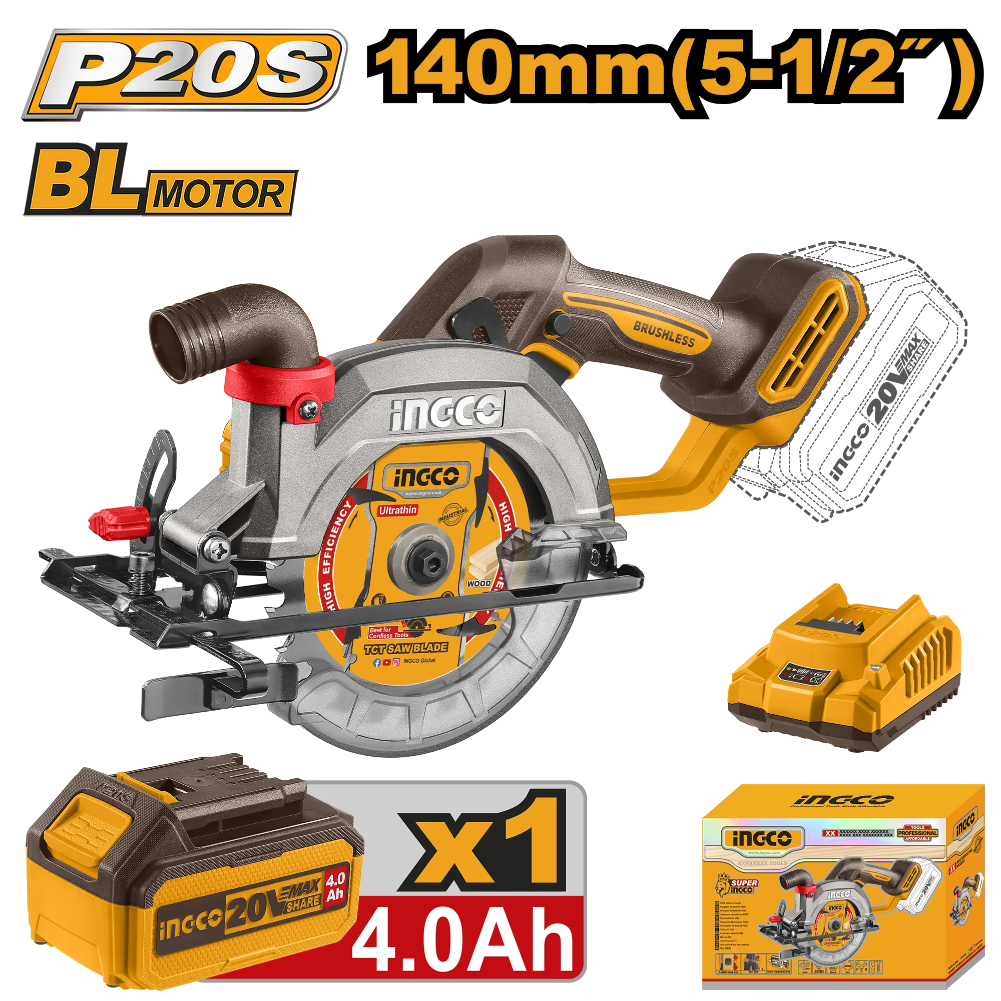 SIERRA CIRCULAR DE IONES DE LITIO 5-1/2" BL 20V + 1 BAT 4.0AH + CARG INGCO