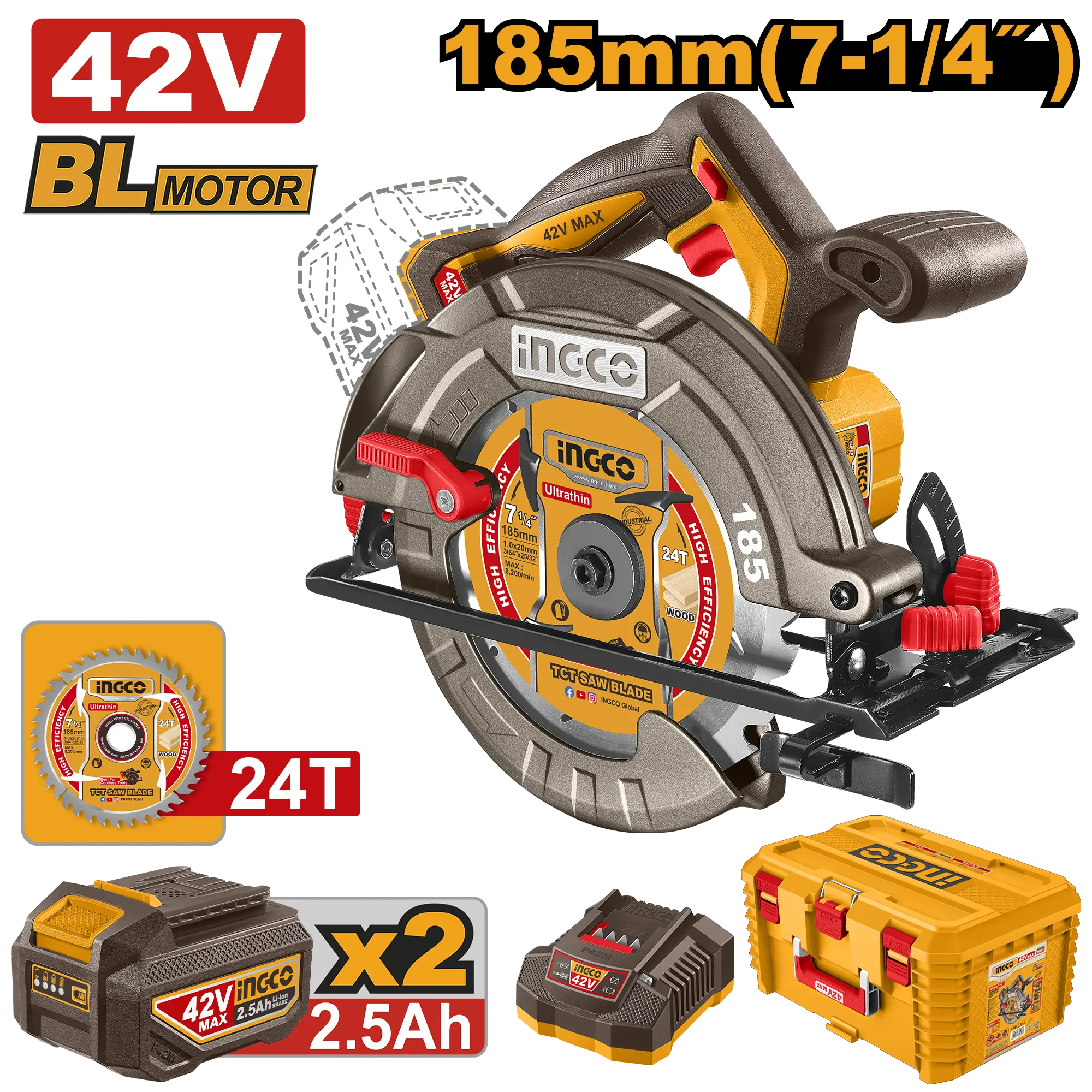 SIERRA CIRCULAR DE IONES DE LITIO 7-1/4" BL 42V + 2 BAT 2.5AH + CARG + MALETA INGCO