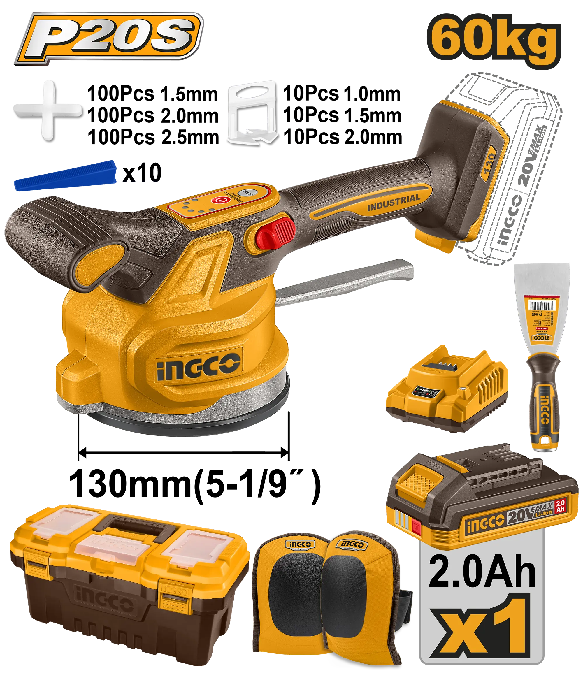 MAQUINA VIBRADORA PARA CERAMICA 60KG 130MM 20V + 1 BAT 2.0AH + CARG + RODILLERAS + CAJA INGCO