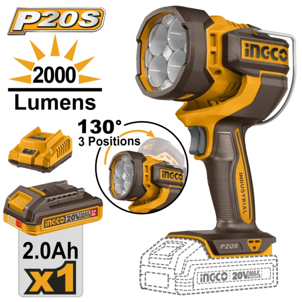 LINTERNA DE TRABAJO INALAMBRICA 2000LM 20V + 1 BAT 2.0AH + CARG